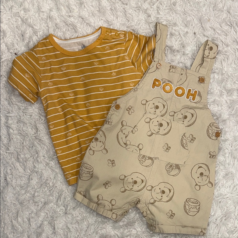 Disney Pooh Tan Overalls with Mustard Striped Shirt